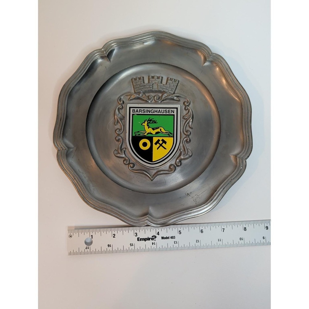 Barsinghausen Germany Pewter Wall Plate 8" Deer Crest Coat of Arms GES GESCH Vin